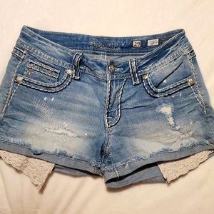Miss Me Distressed Cut Off Shorts Lace Pockets Peep at the bottom